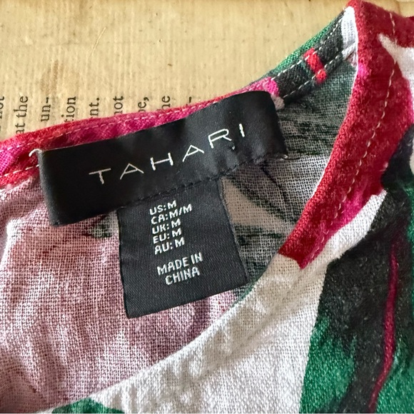 Tahari White Linen Top with Pink & Red Floral Ruffle Print, Size M - Picture 2 of 7